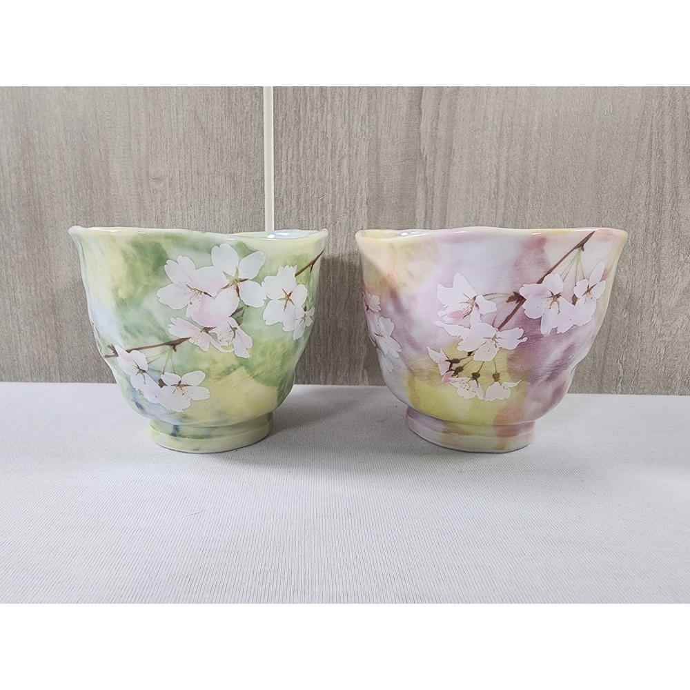 Japanese Sakura Tea Cup Set Yunomi MINO Yaki Ware Cherry Blossom Pink Green